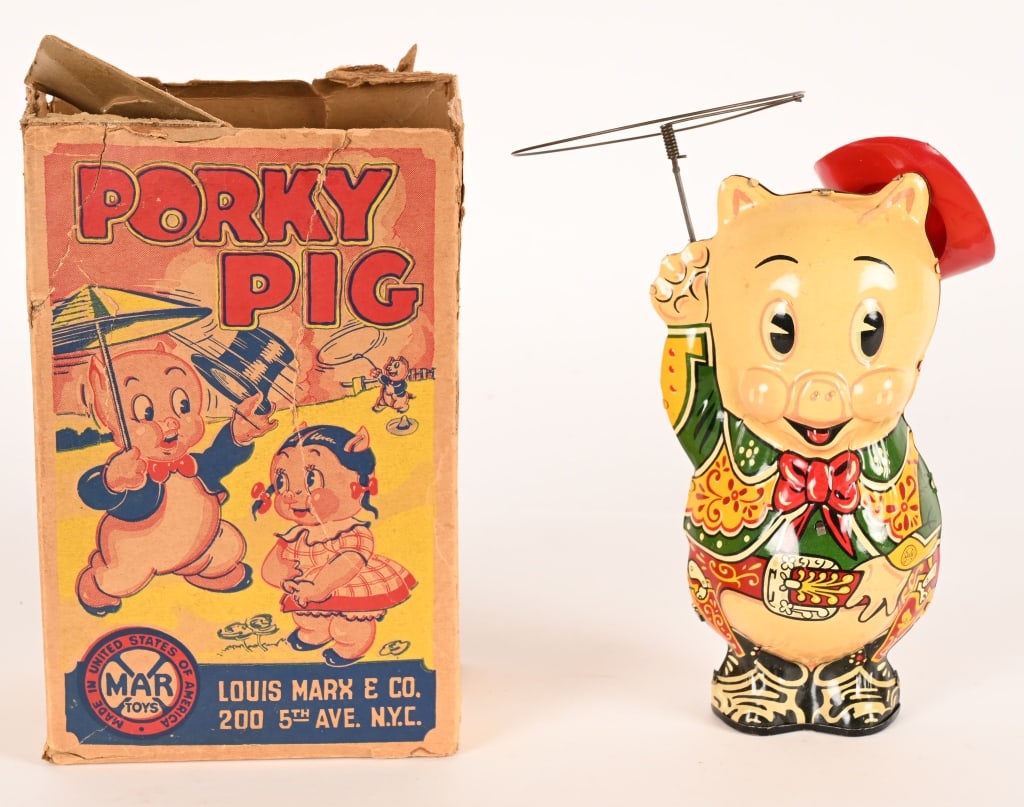 MARX TIN WINDUP COW PUNCHER PORKY PIG w/ BOX (1 of 8)