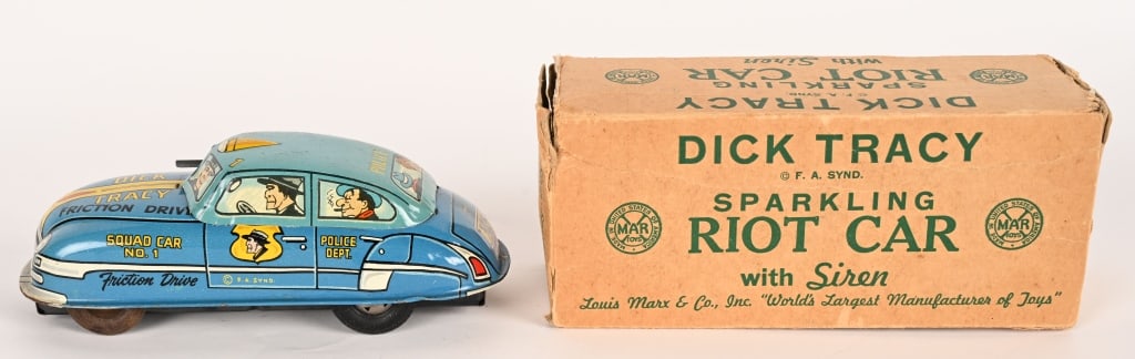 MARX TIN FRICTION DICK TRACY RIOT CAR w/ BOX: Marx tin friction Dick Tracy Riot Car. Blue version. All original and works. Boxed 7" Excellent