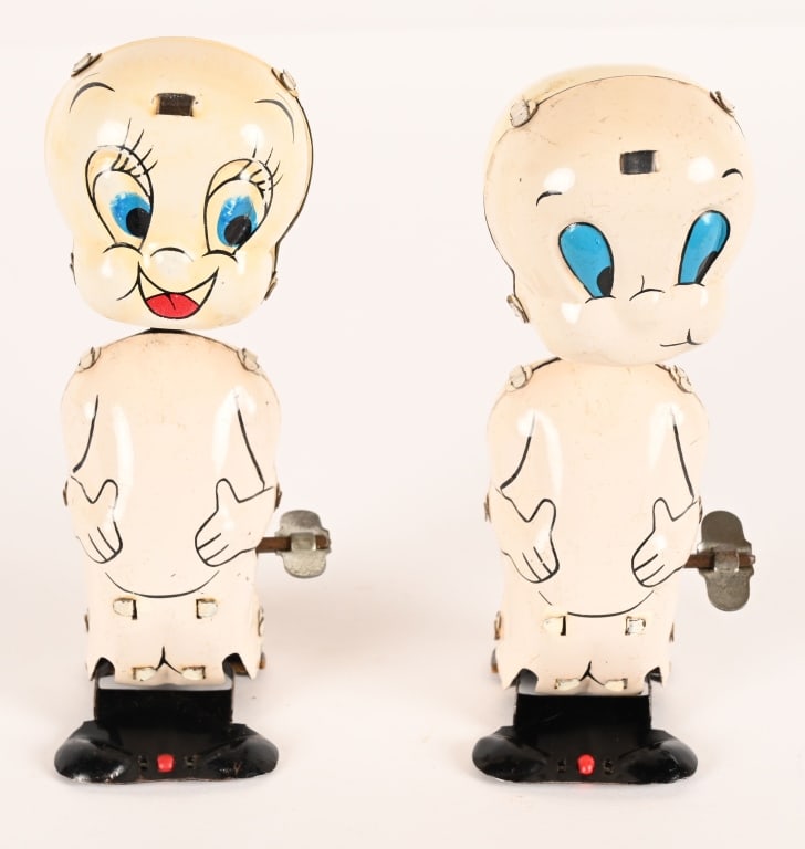 LINEMAR TIN WINDUP CASPER & BELLA GHOST: Linemar tin windup Capser and Bella Ghosts. Bella is Casper's Sister. This is the only example of Bella we have ever seen. Both toys are all original and in great condition. Windups works and both toy