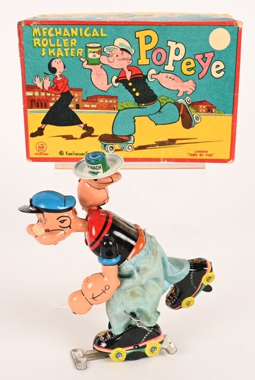 LINEMAR TIN WINDUP POPEYE ROLLER SKATER w/ BOX (1 of 13)