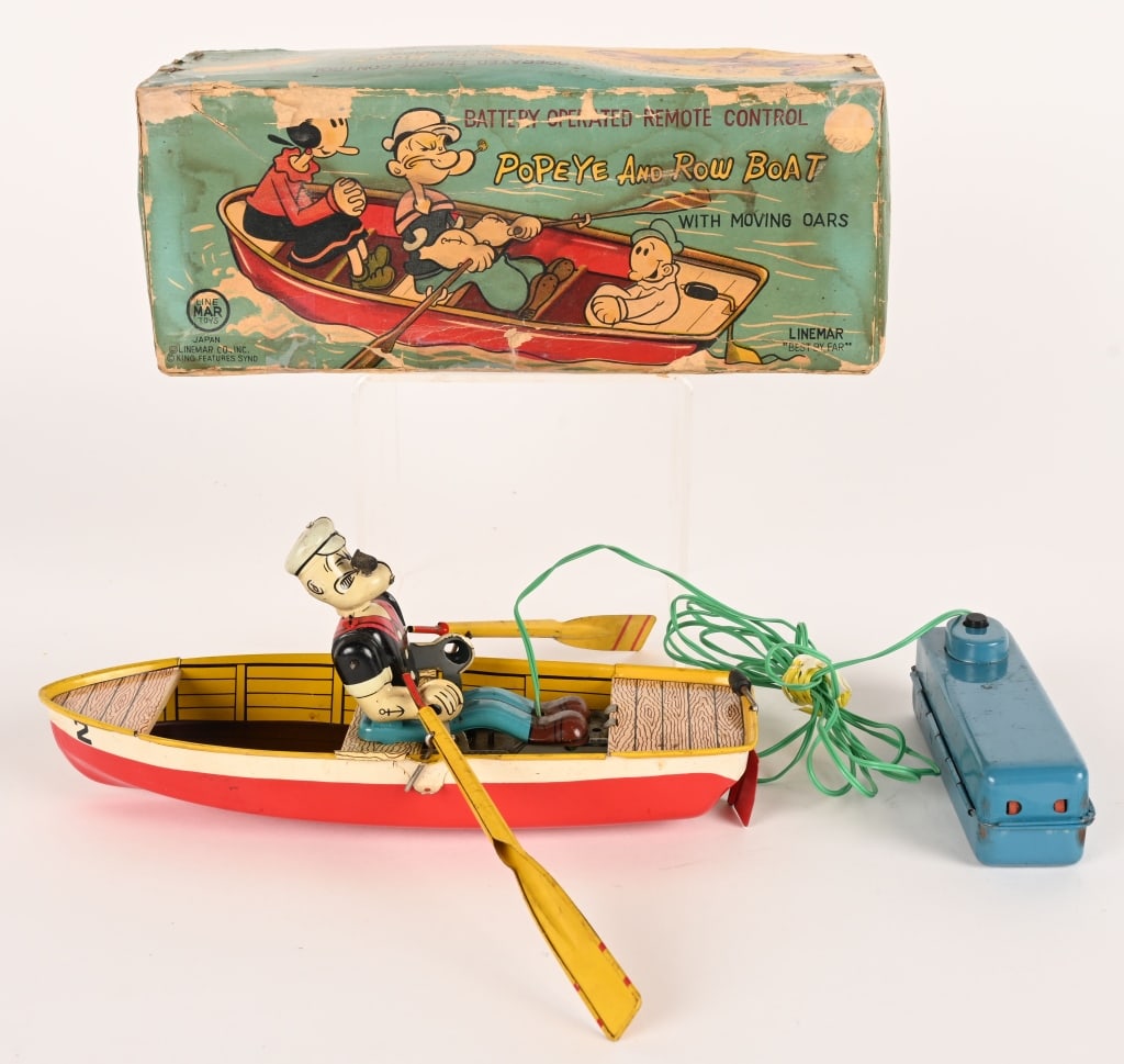 LINEMAR BATTERY OP POPEYE AND ROW BOAT w/ BOX: Linemar battery operated Popeye and Row Boat. All original and complete. Has correct battery box remote control with paper battery instructions. Boat has original oars and rudder. Popeye figure is