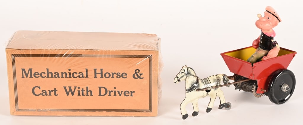 MARX WINDUP POPEYE HORSE CART w/ BOX: Marx tin and celluloid windup Popeye Horse Cart. All original and looks never played with condition. Celluloid Popeye figure is in great shape. Windup works. Comes with Box 8" Excellent