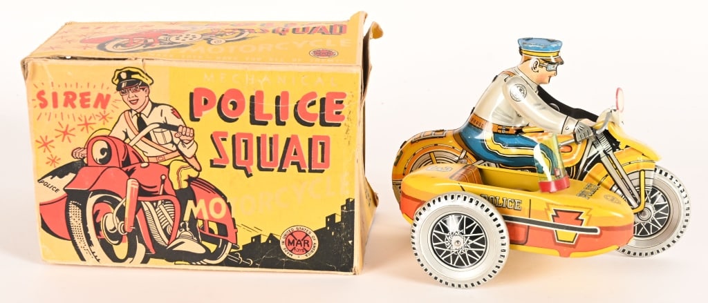 MARX WINDUP POLICE SQUAD CYCLE & SICECAR w/ BOX: Marx tin windup Siren Police Squad Motorcycle with Sidecar. Yellow version. All original in great condition. Windup works. With Box missing 1 end flap. 8" Excellent