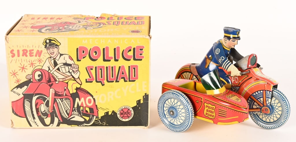 MARX WINDUP POLICE SQUAD CYCLE & SICECAR w/ BOX (1 of 8)