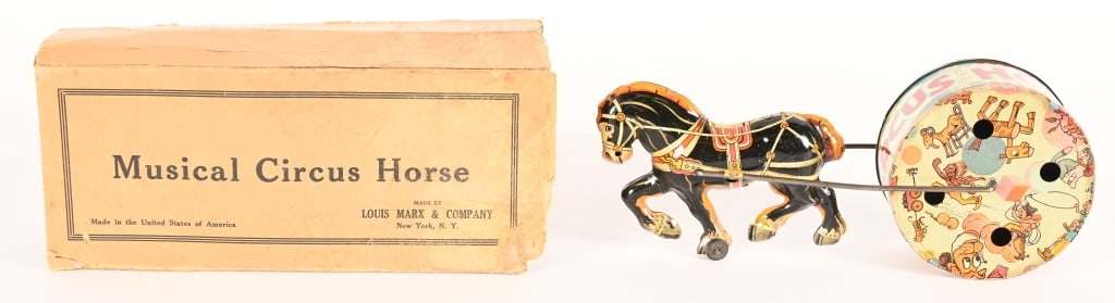 MARX TIN MUSICAL CIRCUS HORSE w/ BOX: Marx tin Musical Circus Horse. All original with nice colors. Works. With Box missing flaps. 10" Excellent