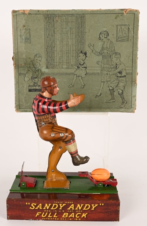 WOLVERINE SANDY ANDY FULL BACK w/ BOX: Wolverine Sandy Andy Full Back. Great looking early Football Player toy. All original with very nice colors. Actions work and player kicks the football. Comes with various footballs. With scarce Box.