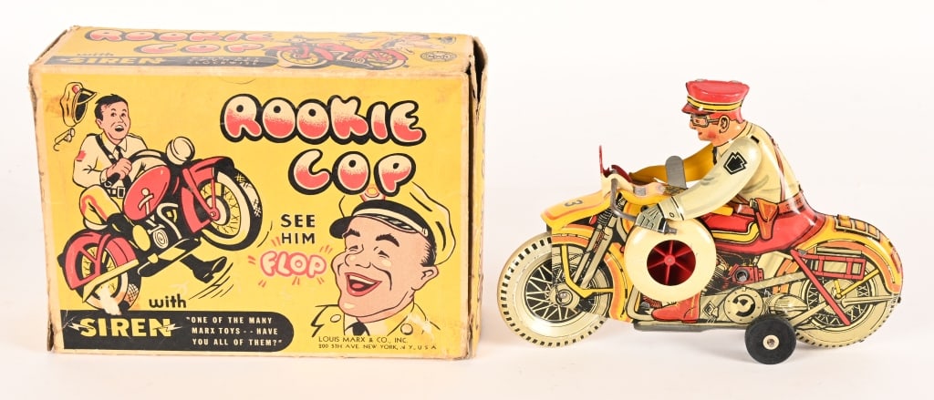MARX TIN WINDUP ROOKIE COP MOTORCYCLE w/ BOX: Marx tin windup Rookie Cop Motorcycle. All original and looks never played with condition. Windup works. With nice Box. 8 1/2" Excellent