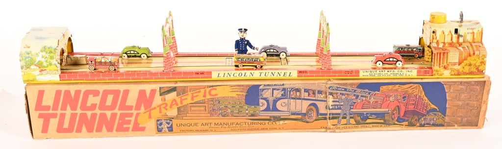 UNIQUE ART TIN WINDUP LINCOLN TUNNEL w/ BOX: Unique Art tin windup Lincoln Tunnel. All original and complete. Looks basically never played with condition. Windup works. Comes with Box missing 1 end flap. 24" Excellent