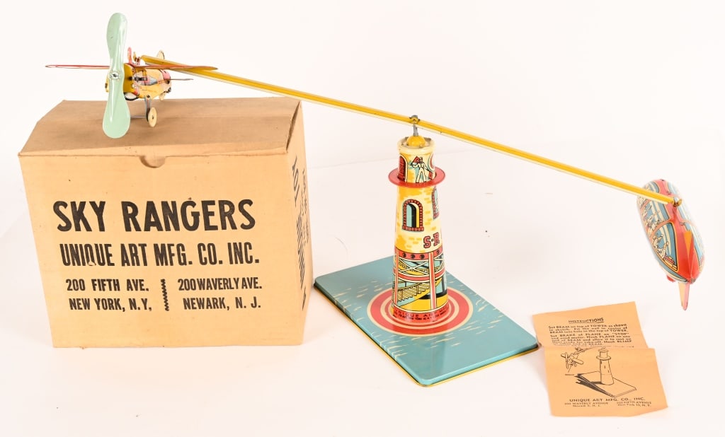 UNIQUE ART TIN WINDUP SKY RANGERS w/ BOX: Unique Art tin windup Sky Rangers. All original and looks never played with. All complete. Windup works. With crispy Box. 10 1/2" Excellent