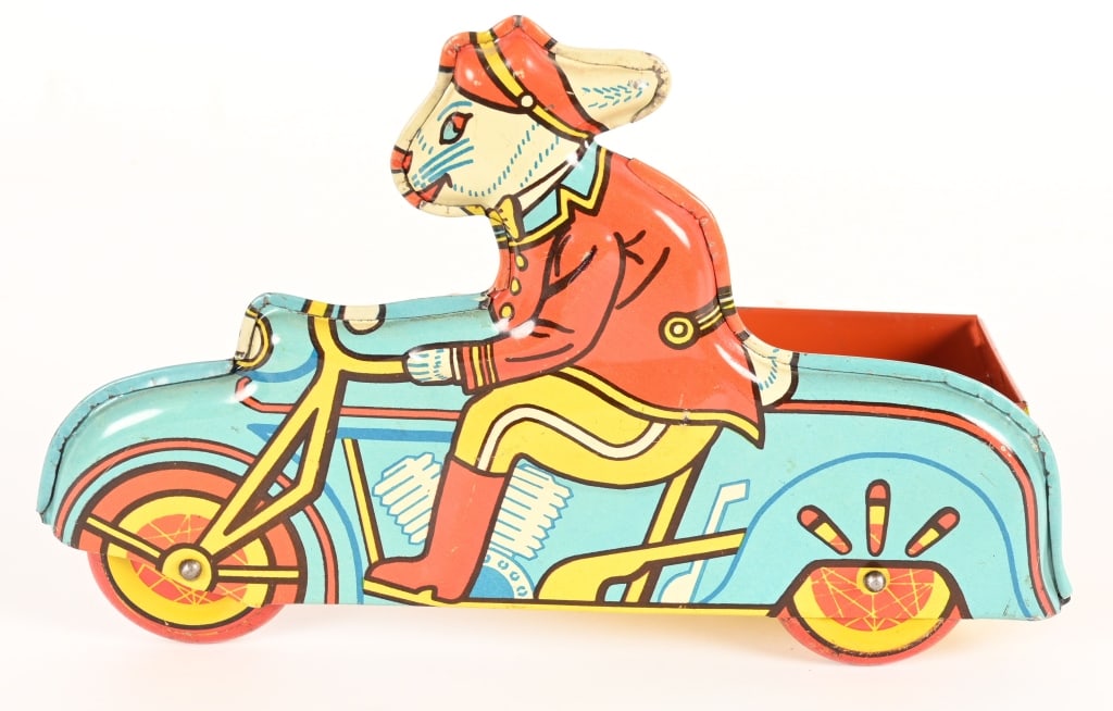 "A CHRISTMAS STORY MOVIE" WYANDOTTE BUNNY CYCLE: Wyandotte Easter Bunny Delivery Motorcycle. This toy was used in the production of the "A Christmas Story" movie in 1983. These original vintage toys were used in the Higbee Department Store scenes