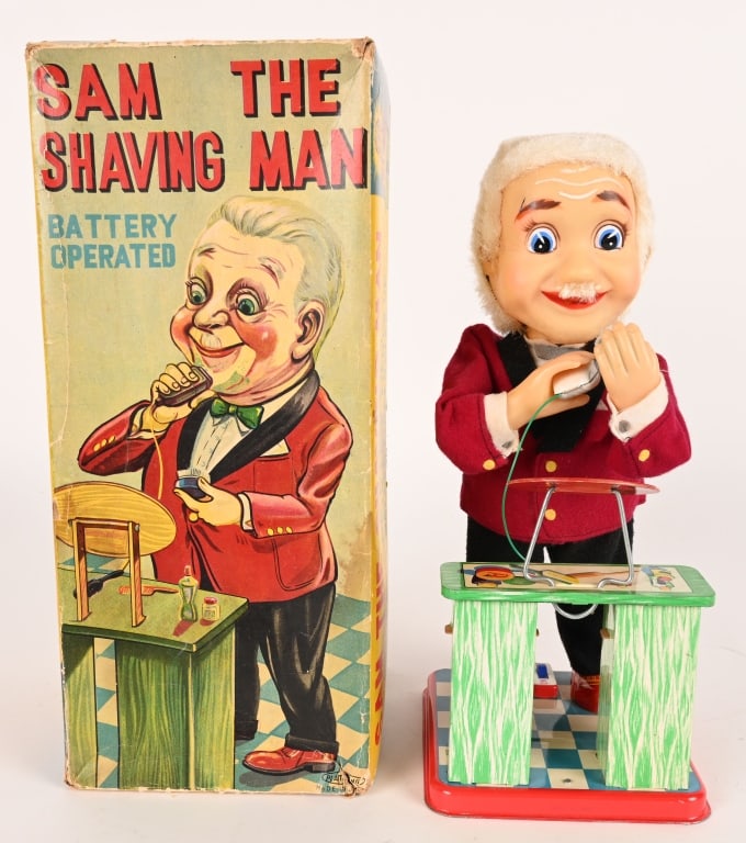 JAPAN BATTERY OP SAM THE SHAVING MAN w/ BOX: All original and complete with mirror. Worked when tested. With Box. 12" Excellent