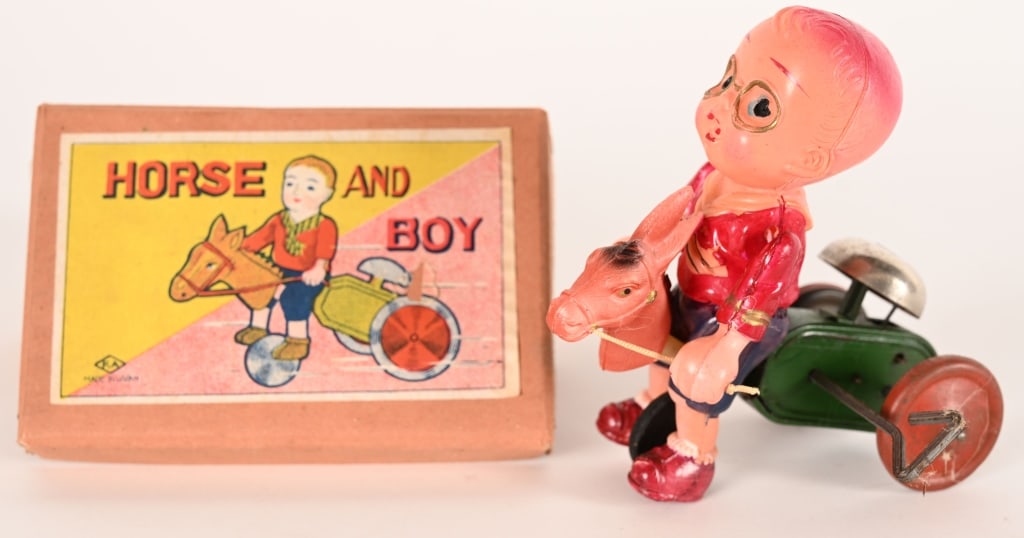 PRE-WAR JAPAN CELLULOID HORSE & BOY w/ BOX (1 of 4)
