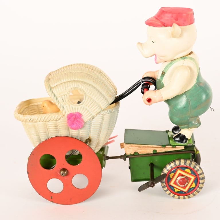 PRE-WAR JAPAN CELULOID PIG PUSHING CARRIAGE (1 of 6)