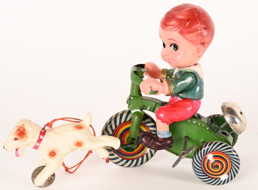 PREWAR JAPAN CELLULOID WINDUP BOY ON TRIKE w/ DOG (1 of 5)