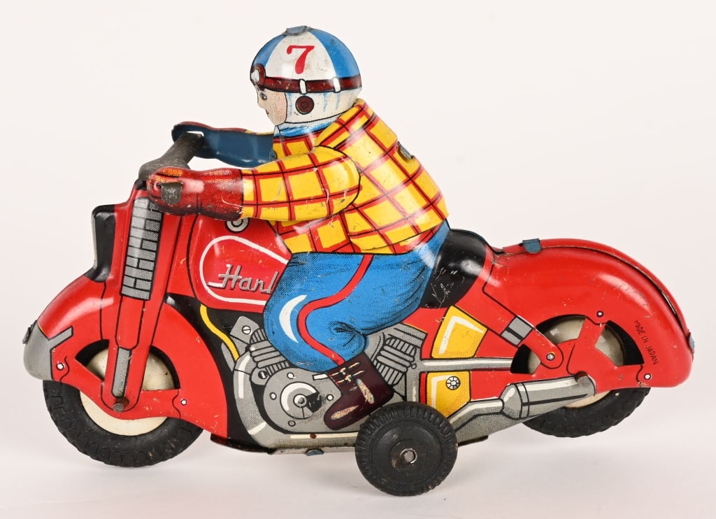 JAPAN TIN FRICTION HARLEY #5 MOTORCYCLE: Japan tin friction Harley #5 Motorcycle. All original with Harley on Gas Tank. Great colors. friction works. 5" Excellent