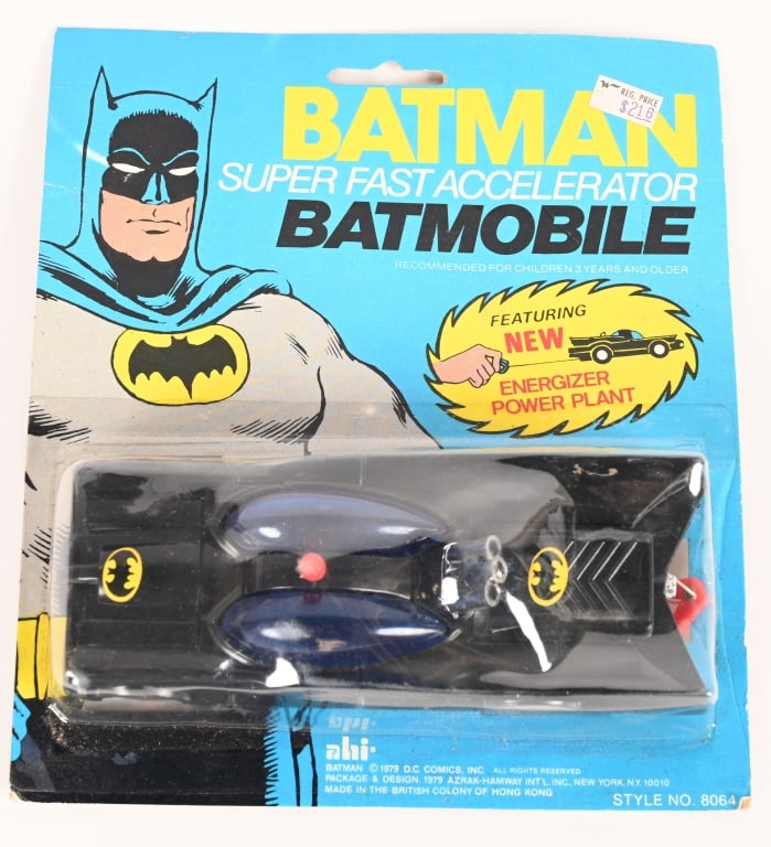 AHI BATMAN ACCELERATOR BATMOBILE MOC: AHI Batman Accelerator Batmobile. New Old Stock in Package. Has Energizer Power Plant. 8 1/2" Excellent