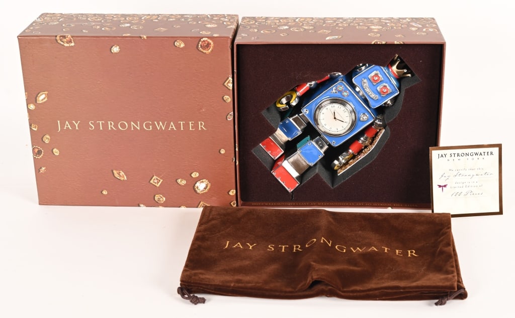JAY STRONGWATER LE ROBOT CLOCK w/ BOX: Jay Strongwater Limited Edition 16/100 Robot Clock. A wonderful piece made to look like a classic 1950s Robot Toy. Clock works. Comes with Certificate of Authenticity, Booklet, Velvet Bag, and Box.