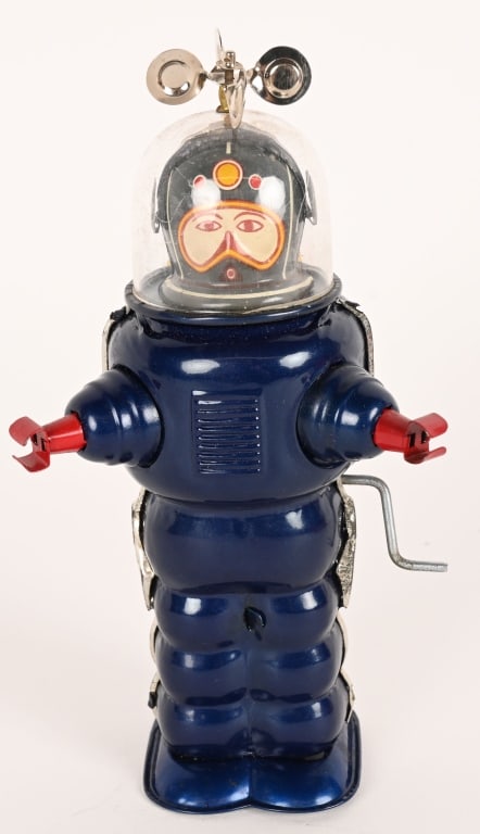 YOSHIYA TIN WINDUP X-15 MOON EXPLORER: Japan tin windup Moon Explorer. Scrace blue version with gray helmet. All original in very nice condition. Windup works. 7 1/2" Excellent