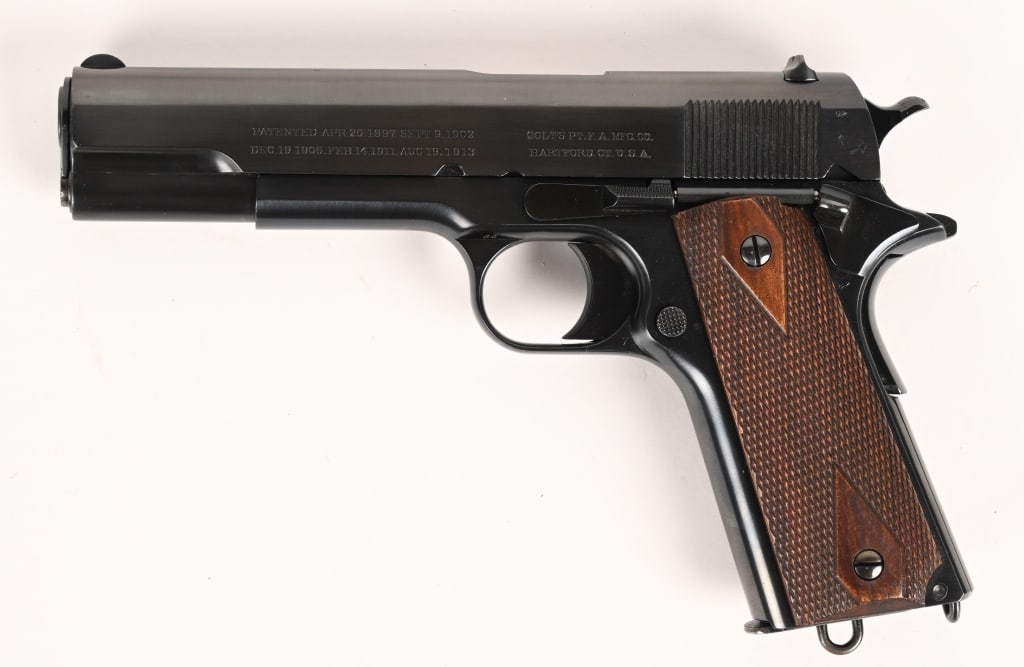 WW1 ERA COLT COMMERCIAL 1911 BRITISH PROOFED: SERIAL NUMBER: C15871 BARREL: 5" CALIBER: 45 ACP MANUFACTURED: 1915 Made in the USA, Then sent to England. Metal is blue finish steel with standard sights. Two line Colt address and patent date on