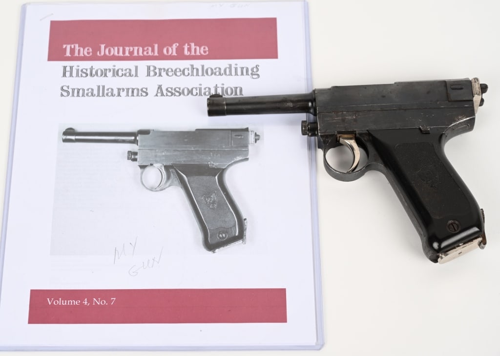ITALIAN BRIXIA MODEL 1912 SEMI-AUTO PISTOL: SERIAL NUMBER: D874. BARREL: 3 ¾". CALIBER: 9MM GLISENTI. MANUFACTURED: circa 1912. Manufactured by MTB (Metallurgica Bresciannan gia Tempini), the Brixia is a simplified version of the Glisenti
