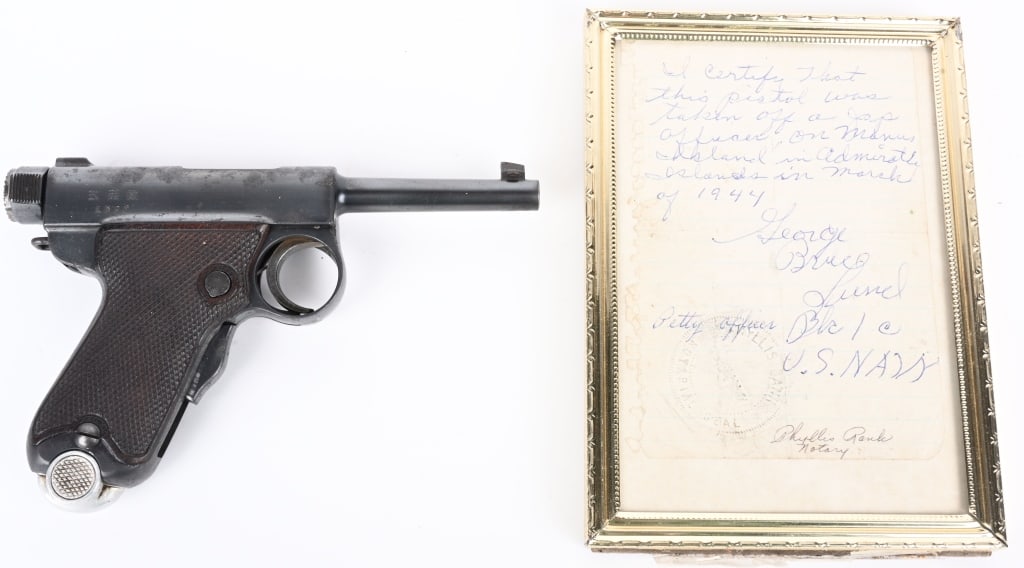 DOCUMENTED CAPTURED JAPANESE BABY NAMBU: SERIAL NUMBER 1596 BARREL 3-3/8" CALIBER 7MM NAMBU MANUFACTURED 1903-1923. Produced at Tokyo Arsenal as a private purchase pistol occasionally acquired by Officers. The Baby Nambu chambered in 7mm Nam