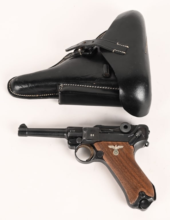 WW2 ERA BYF/42 P08 LUGER WITH HOLSTER 9 MM: SERIAL NUMBER: 881 BARREL: 3 7/8" CALIBER: 9MM MANUFACTURED: 1941 Metal is blue steel with replaced side plate and toggle that have been re-numbered. Toggle axle dose not match. Grips are after market