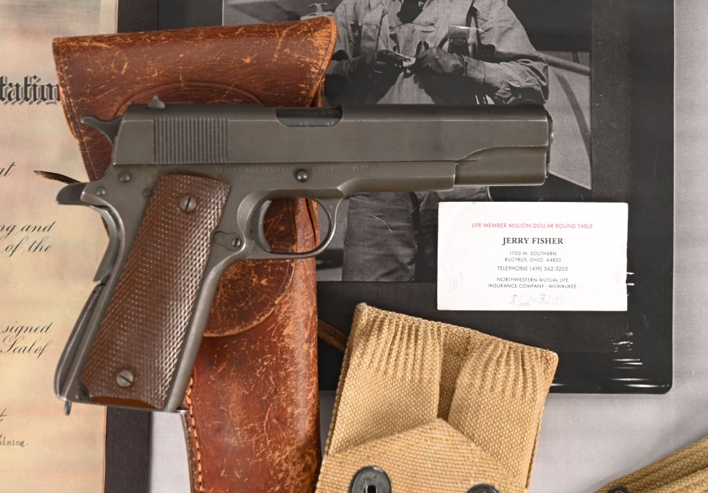 HISTORIC NAVAL AVIATORS REMINGTON RAND 1911A1: SERIAL NUMBER: 1492950. BARREL: 5”. CALIBER: .45 ACP. MANUFACTURED: 1943. This historic Remington Rand was issued to Naval Aviator Lieutenant Robert Jerome 'Jerry' Fisher in 1943 and includes pr