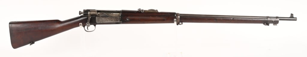 SPRINGFIELD ARMORY MODEL 1898 KRAG MADE 1902: SERIAL NUMBER: 380334. BARREL: 30". CALIBER: .30-40 KRAG. MANUFACTURED: 1902. Standard markings and features. "JLA/1902" cartouche on the left side of the stock, with a circled "P" firing proof on