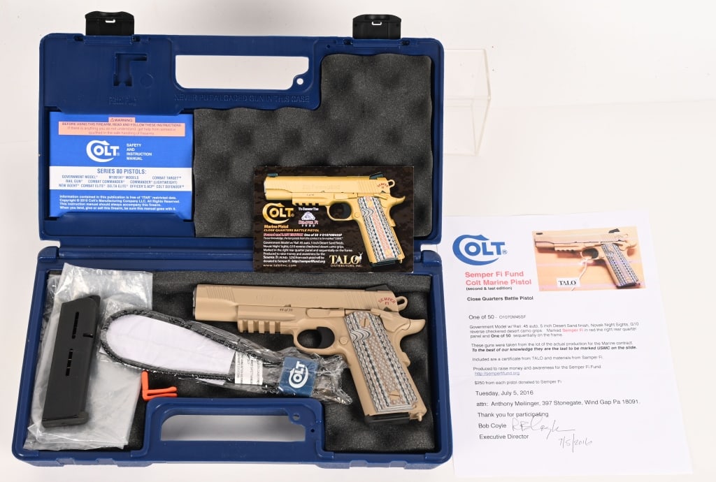 COLT SEMPER FI CQB SEMI AUTO PISTOL ONE OF 50: SERIAL NUMBER: 06944EGA. BARREL: 5". CALIBER: .45 ACP. MANUFACTURED: 2014. This Colt Government USMC model pistol is number 44 out of 50 made. This Government model features a rail for accessories,