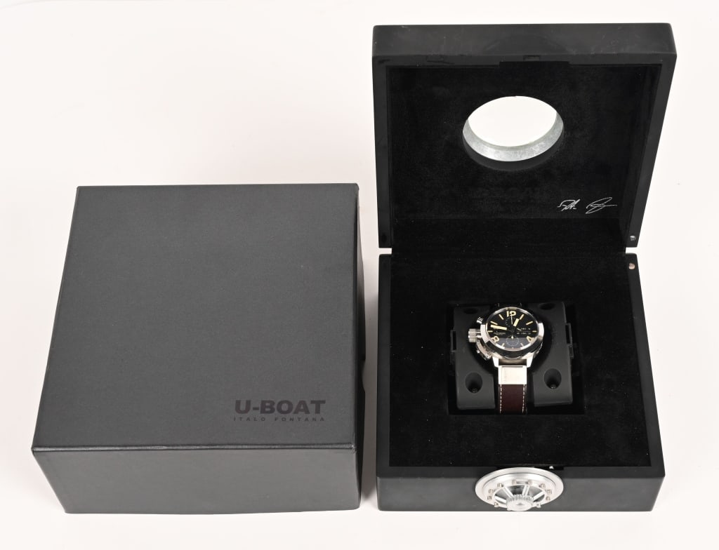 U-BOAT ITALO FONTANA CLASSICO 45 WATCH MIB: Outstanding U-Boat Italo Fontana 45 Watch. Great looking watch with leather band. Looks never worn condition. Comes with Box and Outer Box. Near Mint