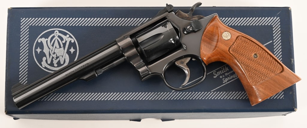 SMITH & WESSON MODEL 17-3 K22 MASTERPIECE: SERIAL NUMBER: 18K6773. BARREL: 6”. CALIBER: .22 LR. MANUFACTURED: 1977. This pinned and recessed Model 17-3 .22 Masterpiece is equipped with a 6” barrel, original bright blue finish, chec