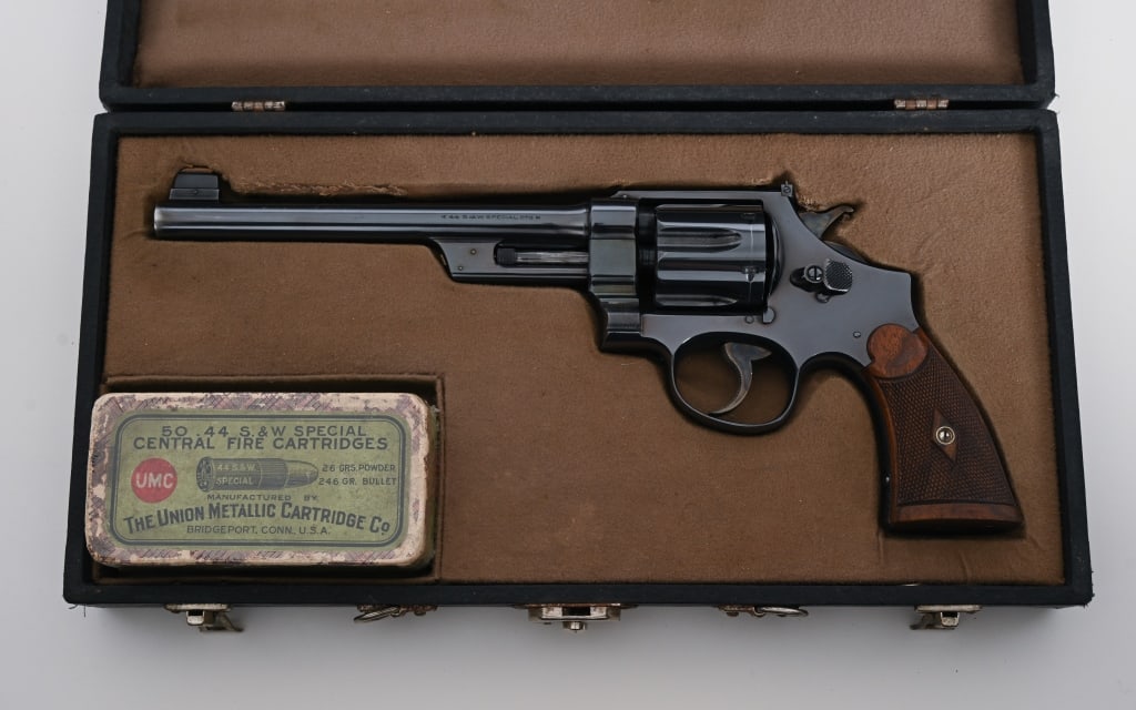 MUST SEE SMITH & WESSON 7.5" TRIPLE LOCK TARGET: SERIAL NUMBER: 3253. BARREL: Rare 7 1/2”. CALIBER: .44 Special. MANUFACTURED: 1910. A factory letter accompanies this incredible documented special ordered Triple lock Target .44 1st Model Hand