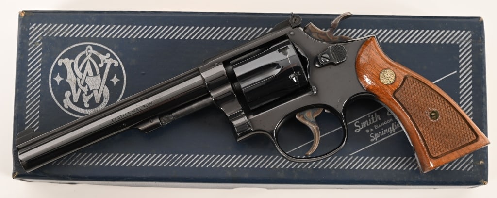 SMITH & WESSON 17-3 K22 MASTERPIECE: SERIAL NUMBER: 5K80369. BARREL: 6”. CALIBER: .22 LR. MANUFACTURED: 1975. This pinned and recessed Model 17-3 .22 Masterpiece is equipped with a 6” barrel, original bright blue finish,