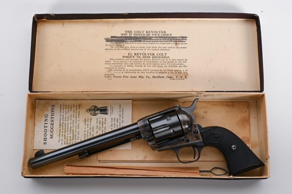 MAGNIFICENT 1ST GEN COLT SAA 357 MAGNUM: SERIAL NUMBER: 356755. BARREL: 7 1/2”. CALIBER: .357 Magnum. MANUFACTURED: 1939. A factory letter accompanies this incredible 1st Gen Single Action Army confirming the rare .357 Magnum chamberin