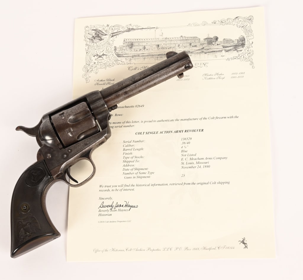 COLT SINGLE ACTION ARMY LATE BLACK POWDER 38 WCF,: SERIAL NUMBER: 136529 BARREL: 4 3/4" CALIBER: 38 W.C.F. MANUFACTURED: 1891 1st Gen. Made in USA. Metal shows bluing on the barrel and grip frame, trigger guard. Case color is shown on frame and