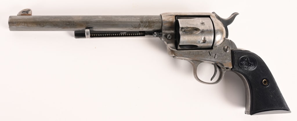 COLT SINGLE ACTION ARMY 1ST GENERATION MFG 1901: SERIAL NUMBER: 241366 BARREL: 7 1/2" CALIBER: 45 COLT. MANUFACTURED: 1903 Metal is gray finish as finish has been worn off. Blade front sight and notch rear. Single line address on top of the barrel.