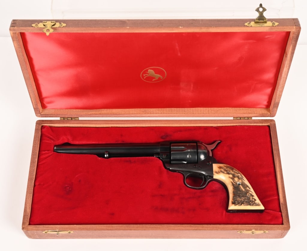 CASED COLT SINGLE ACTION ARMY 1ST GEN 44 CAL: SERIAL NUMBER: 241385 BARREL: 7 1/2" CALIBER: 44-40 MANUFACTURED: 1903 Made in USA 1st Gen. Metal is blue finish steel with polished hammer. Single line address on top of the barrel and two line