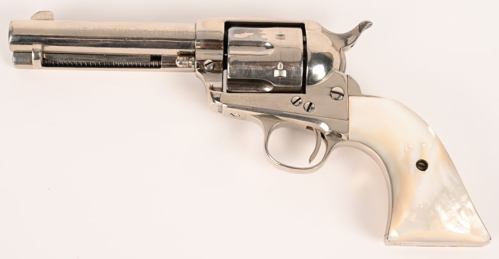 1ST GEN COLT SINGLE ACTION ARMY REVOLVER 44-40: SERIAL NUMBER: 252460 BARREL: 4 3/4" CALIBER: 44-40 MANUFACTURED: 1904 Made in the USA 1st Gen. Metal is nickel plated steel with blade front sight and V notch rear. Two line address on top of barrel
