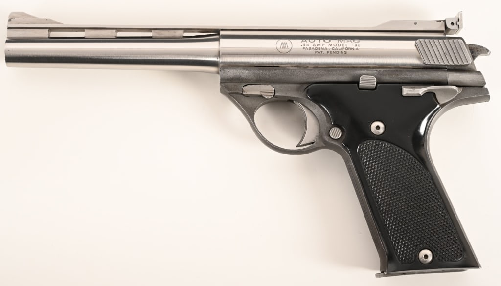 PASADENA AUTOMAG 44 AMT: SERIAL NUMBER: A04223. BARREL: 7”. CALIBER: .44 Automag. MANUFACTURED: 1972. Among the last Pasadena marked Automag built this awesome big-bore automatic is all original and comes with one