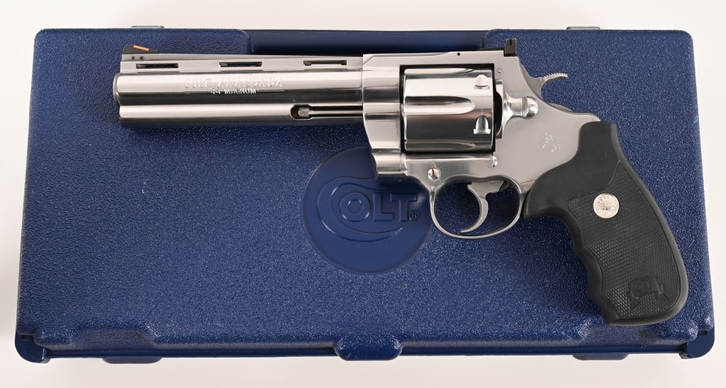 COLT ANACONDA 44 MAGNUM STAINLESS 6" MFD 1995: SERIAL NUMBER: MM75593. BARREL: 6”. CALIBER: .44 Magnum. MANUFACTURED: 1995. This stainless steel Anaconda is equipped with a 6" barrel and comes in the factory blue hard case with papers and or