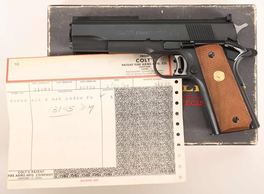 COLT GOLD CUP NATIONAL MATCH 1911 45 ACP: SERIAL NUMBER: 13145-NM. BARREL: 2”. CALIBER: 38 Special. MANUFACTURED: 1964. This investment grade Colt Gold Cup National Match comes in the original box with the test target, paperwork and