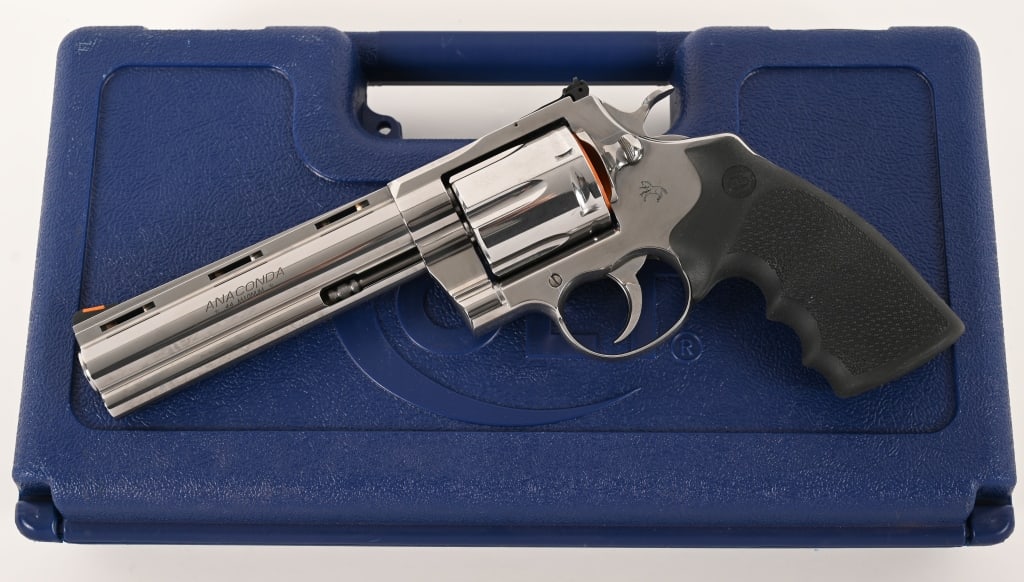 COLT ANACONDA 44 MAGNUM STAINLESS 6": SERIAL NUMBER:AC205951 . BARREL: 6”. CALIBER: .44 Magnum. MANUFACTURED: 2023. This new production Colt Anaconda is equipped with a 6" barrel and original grips. The gun comes in the original num