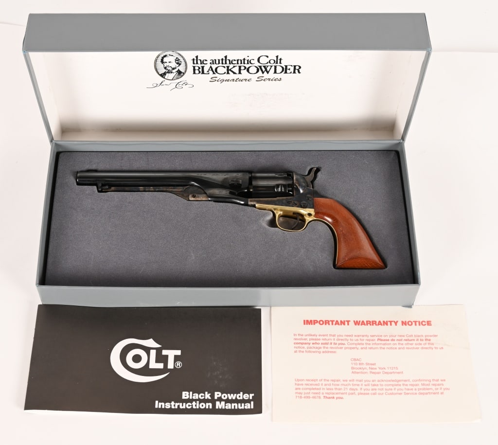 COLT BLACKPOWDER SIGNATURE SERIES 1860 ARMY: SERIAL NUMBER: 219523. BARREL: 8". CALIBER: .44 CALIBER. MFG: 1990's. Modern Colt Army revolver with fluted cylinder and 4 screw frame cut for shoulder stock. Third generation black powder gun with