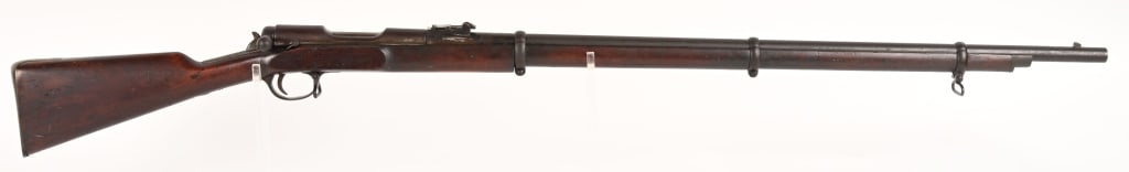 BROWN MFG. CO. BOLT ACTION MILITARY RIFLE: SERIAL NUMBER: NSN. BARREL: 34". CALIBER: .58 Rim Fire, Mfg: 1869-1873, Limited production. Scarce Brown Mfg. Co. Military rifle features bolt action, brass trigger guard and butt plate, iron barrel b