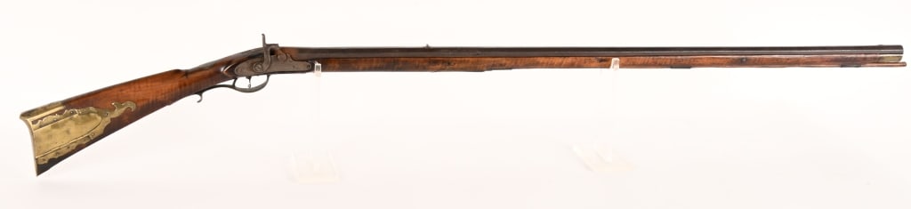 GEORGE WEIKER PERCUSSION KENTUCKY RIFLE: SERIAL NUMBER: N/A, BARREL: 43 1/2". CALIBER: about .52, Kentucky rifle attributed to George Weiker a prominent Bucks County Pa gunsmith. George Weiker was born 1769 and was first documented in what