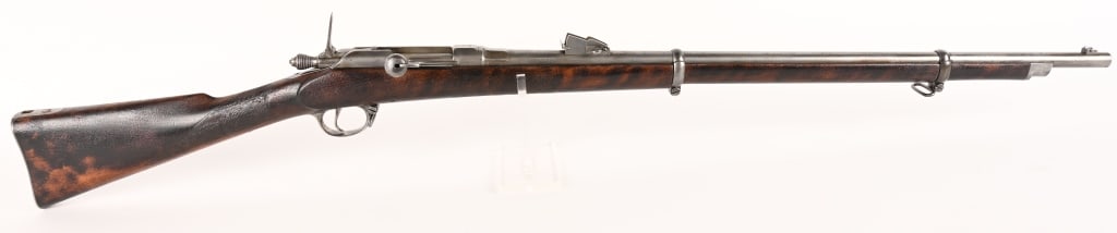 EARLY NOUVELLE Bte 11.25 MM SINGLE SHOT PROTOTYPE: SERIAL NUMBER: 085 BARREL: 28" CALIBER: 11.25 MM MANUFACTURED: 1860 - 1870 Metal is in the white with a blade style front sight and a tangent style rear. Single shot bolt action design that cocks on