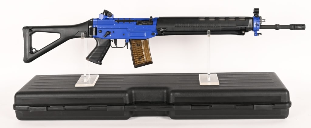 SAN SWISS ARMS SG550P BLUE STAR EDITION SEMI AUTO: SERIAL NUMBER: JDI55020. BARREL: 20 5/8". CALIBER: 5.56X45MM. MANUFACTURED: 2018. This is 1 of 20 Blue Star Edition rifles imported to the USA. The SIG SG 550 (Swiss Arms/SAN AG) is a reliable 5.56x45