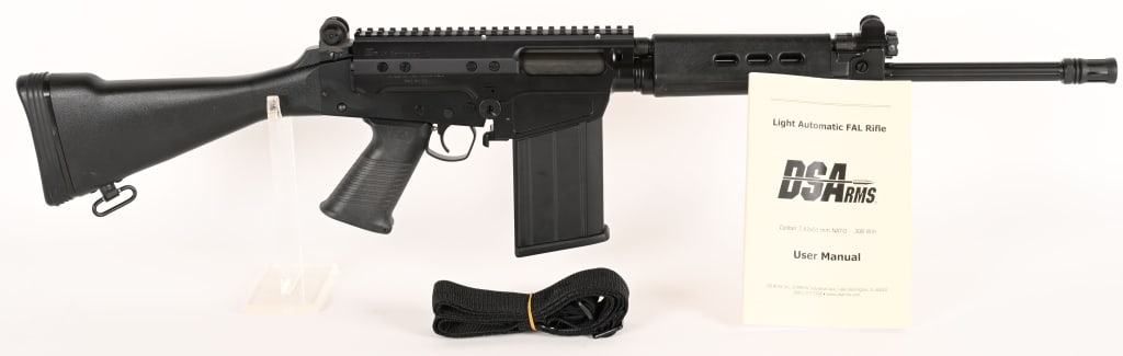 DSA SA-58 FAL 7.62X51 SEMI AUTO RIFLE W/PIC RAIL: SERIAL NUMBER: DSA45438. BARREL: 16". CALIBER: 7.62X51MM. The DSA SA-58 is a variant of the FN FAL. This factory built rifle features a metric pattern cast steel receiver, fully adjustable short-strok