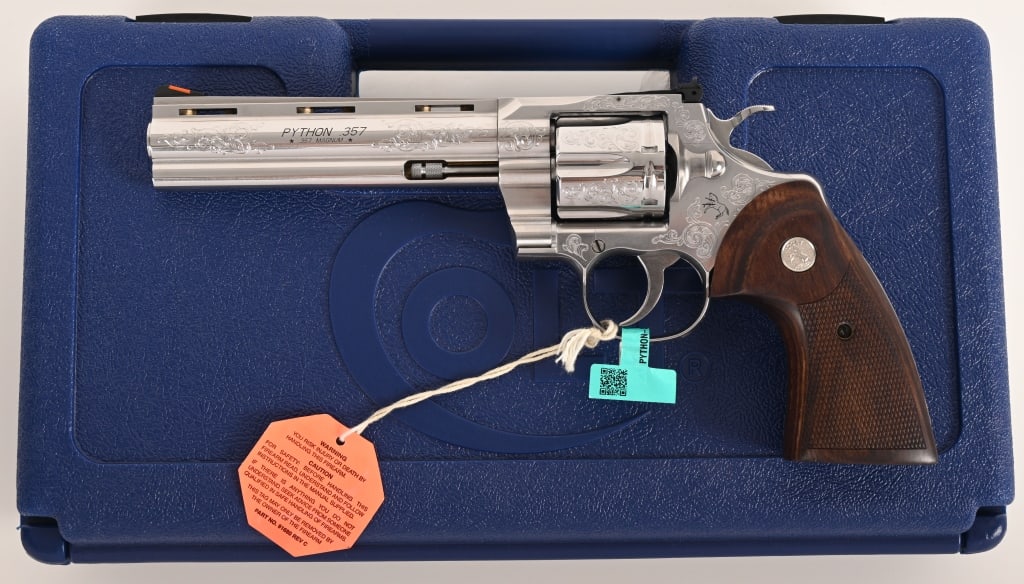 COLT PYTHON DUCKS UNLIMITED .357 MAGNUM REVOLVER: SERIAL NUMBER: PY0116DU. BARREL: 6". CALIBER: .357 MAGNUM / .38 SPECIAL. The 2025 Ducks Unlimited Handgun of the Year is a special edition 6-inch stainless steel Colt Python .357 Magnum revolver. It i