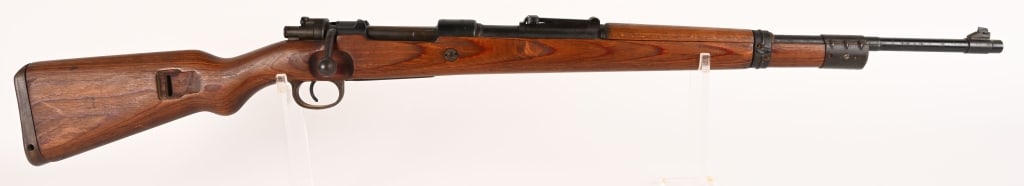 WW2 BYF 45 DUFFEL BAG CUT BOLT ACTION RIFLE. 8MM: SERIAL NUMBER: 16611 BARREL: 24". CALIBER: 8MM MAUSER. MANUFACTURED: 1945 Metal is blue finish steel with ramp blade front and tangent style 2000 meter rear sights. Matching numbers and laminated wood